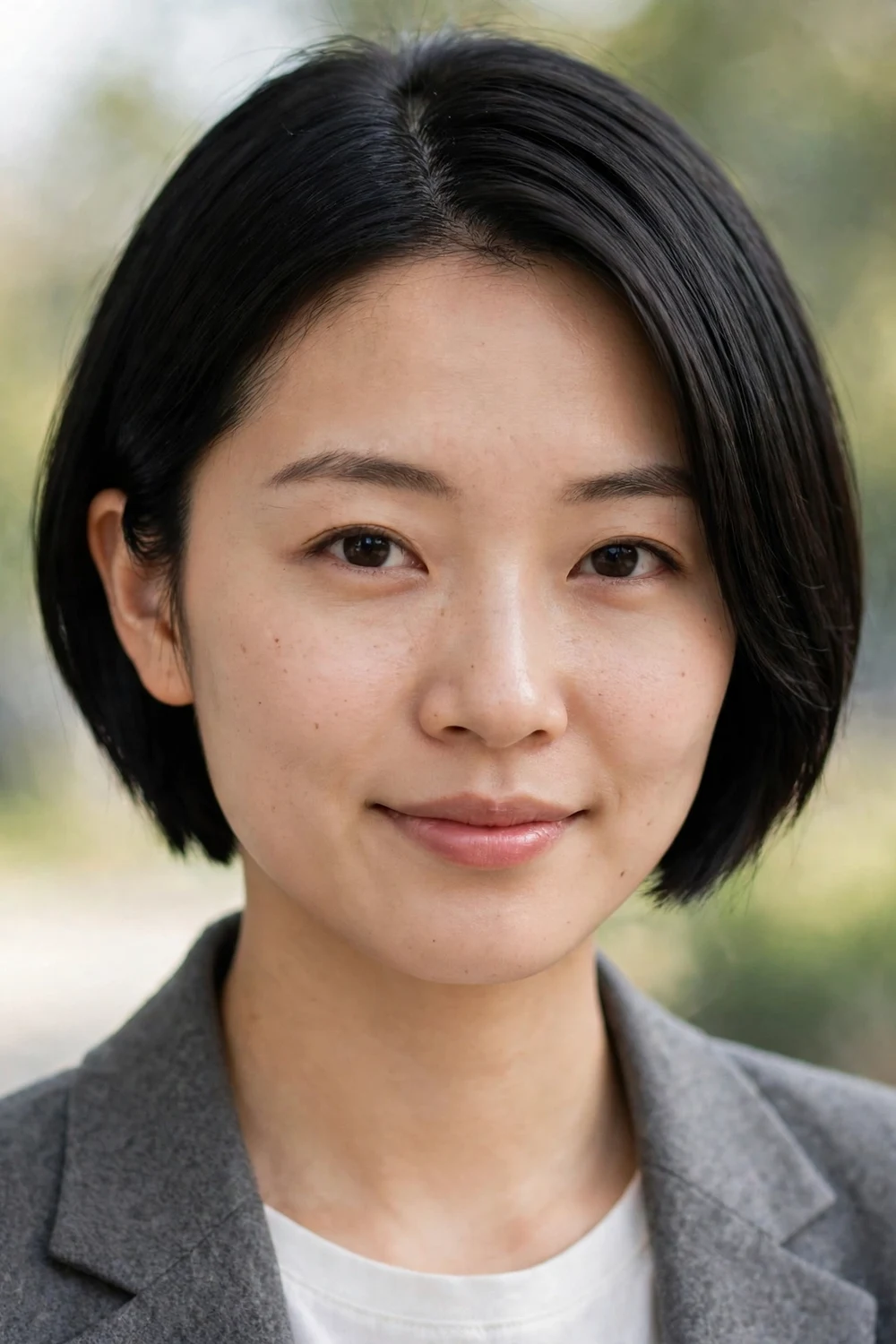 Woman with a short bob haircut ending above the jawline at ear level