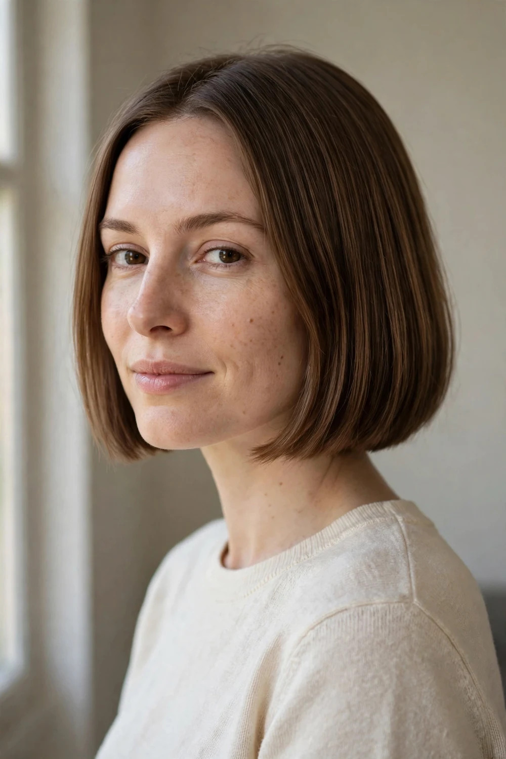 Blunt short bob haircut with one-length ends on fine hair