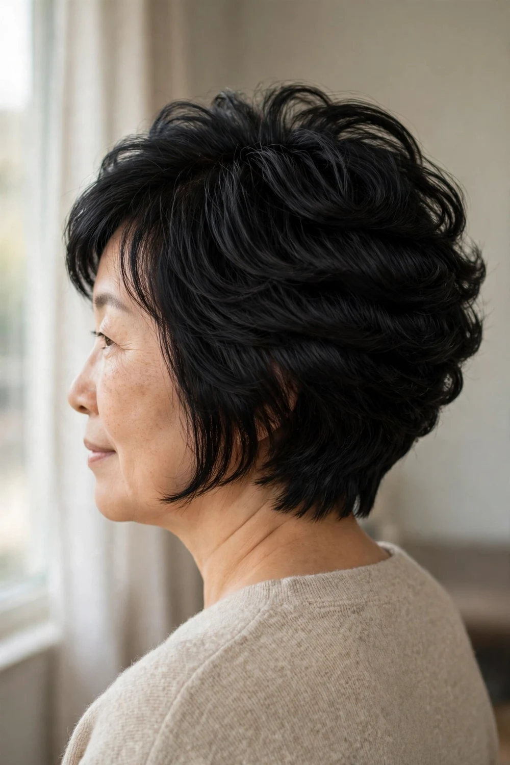 Stacked short bob haircut with graduated layers for fine thin hair