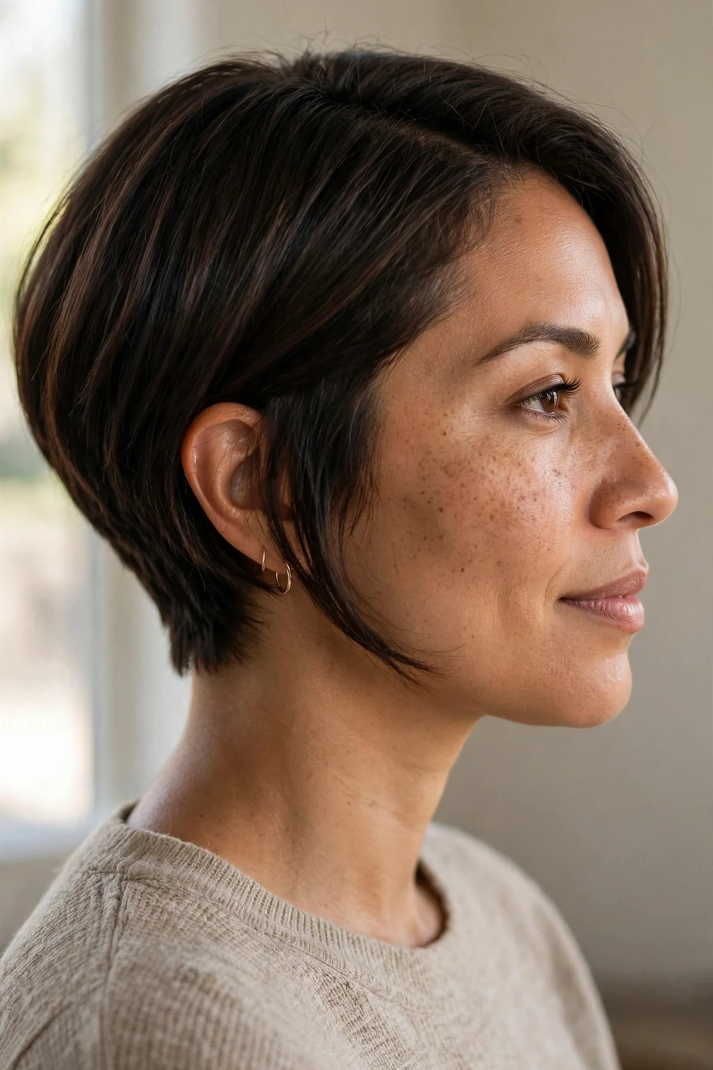Inverted angled short bob with longer front pieces for fine hair