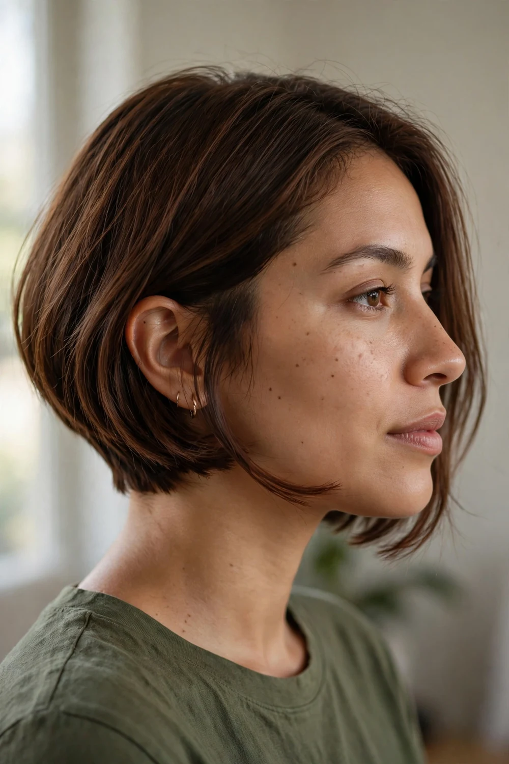 Short concave bob haircut with long front pieces for fine hair