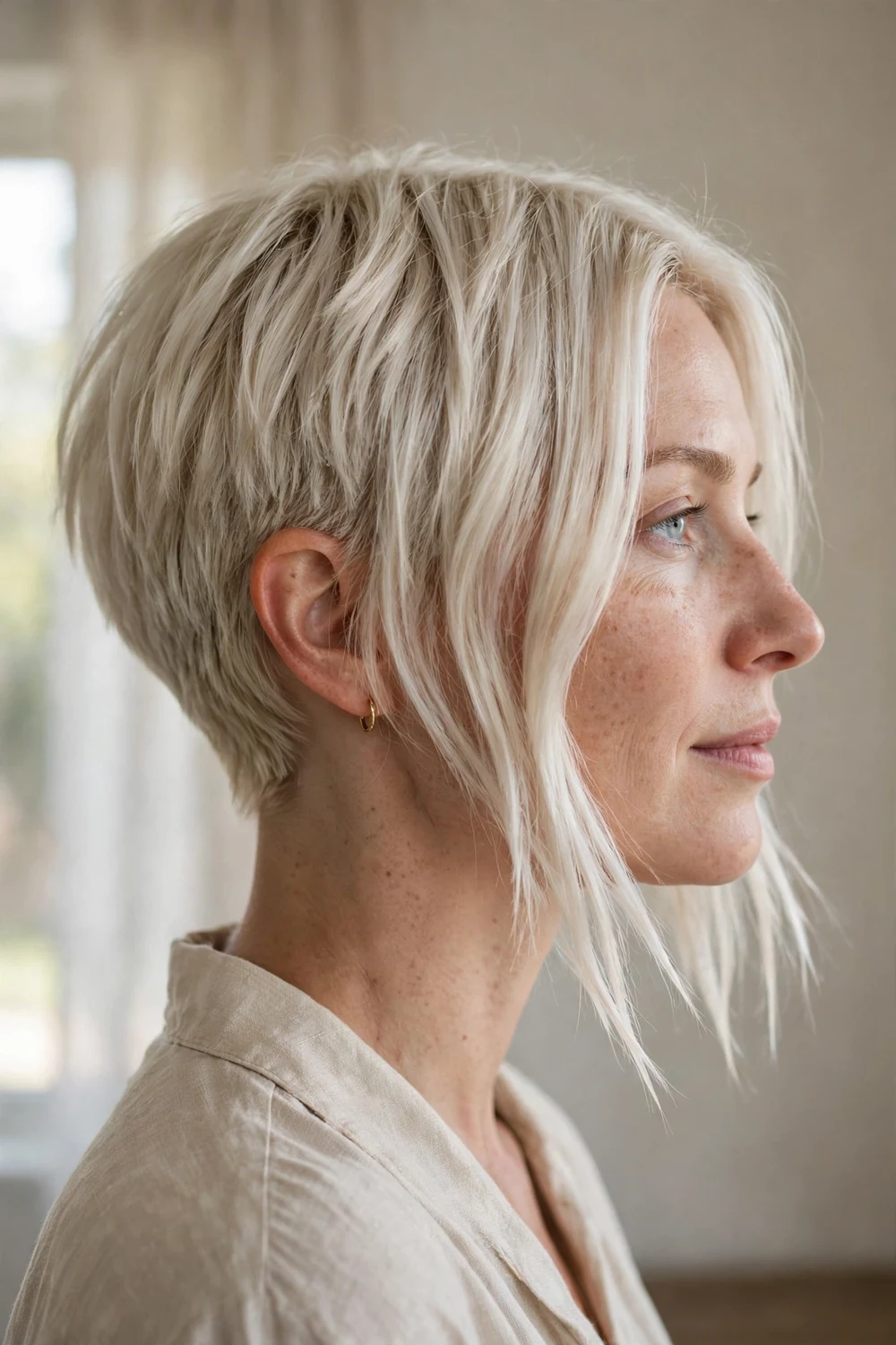 Disconnected reverse short bob with razored ends for fine hair