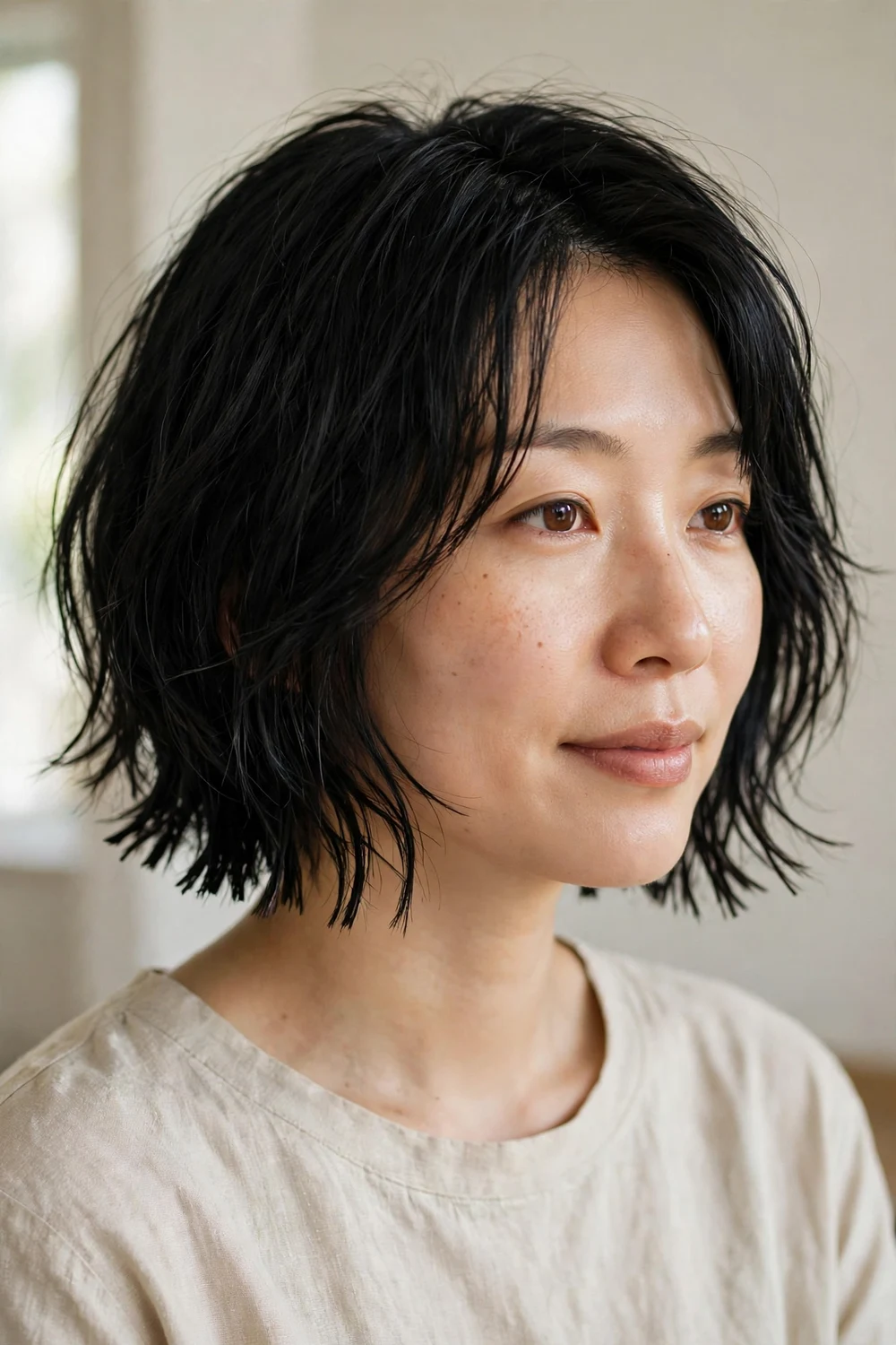 Choppy short bob haircut with finely chopped layers for fine hair