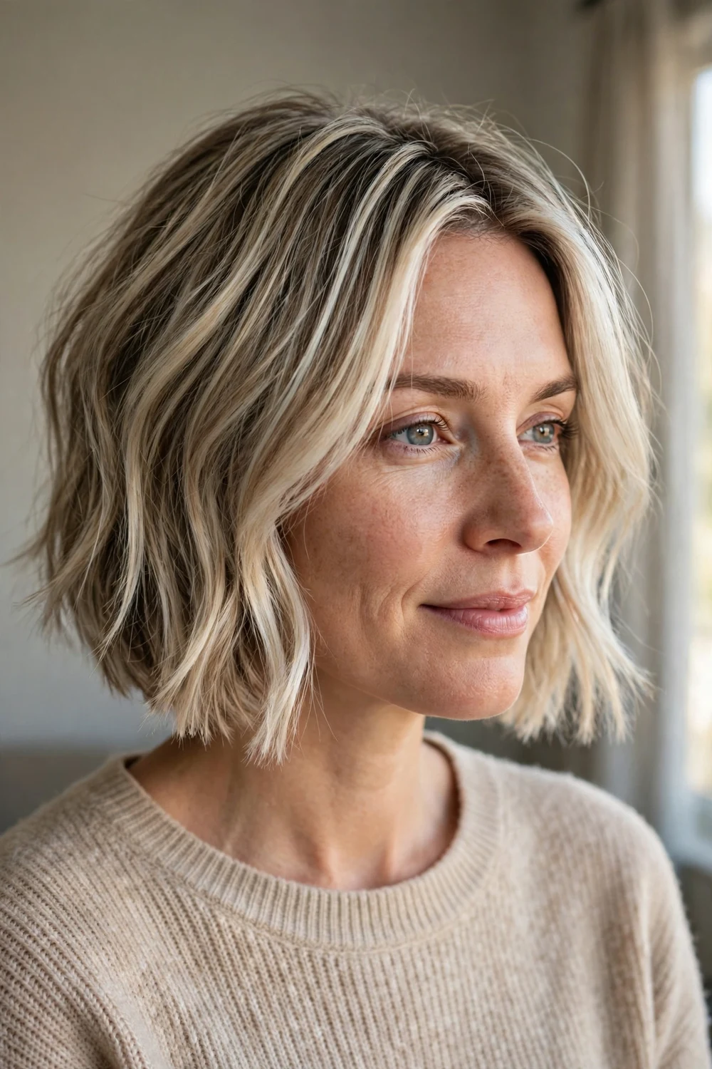 Balayaged short neck-length bob for fine thin hair