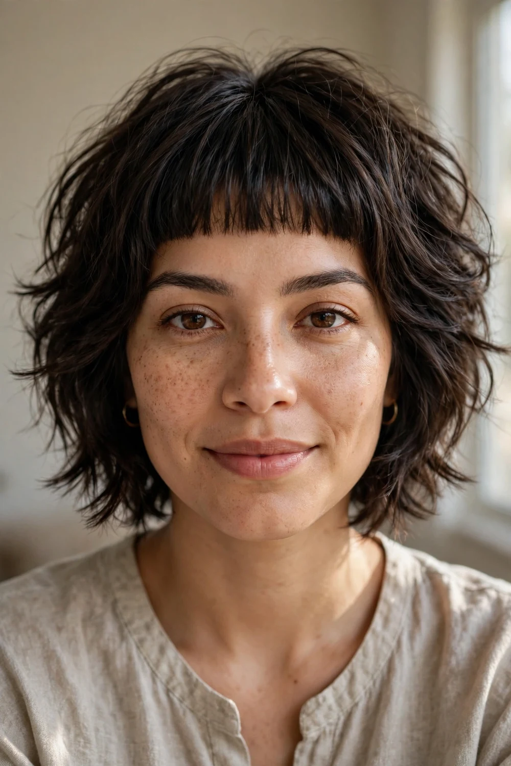 Short layered bob with blunt bangs for fine thin hair