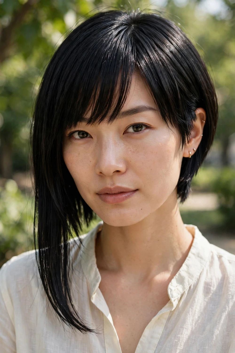 Woman with an asymmetrical bob and bangs, uneven edgy modern cut