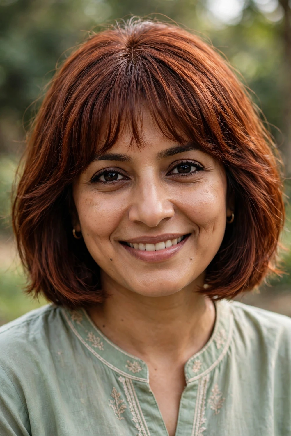 Woman with an auburn bob and soft full bangs, warm dimensional color