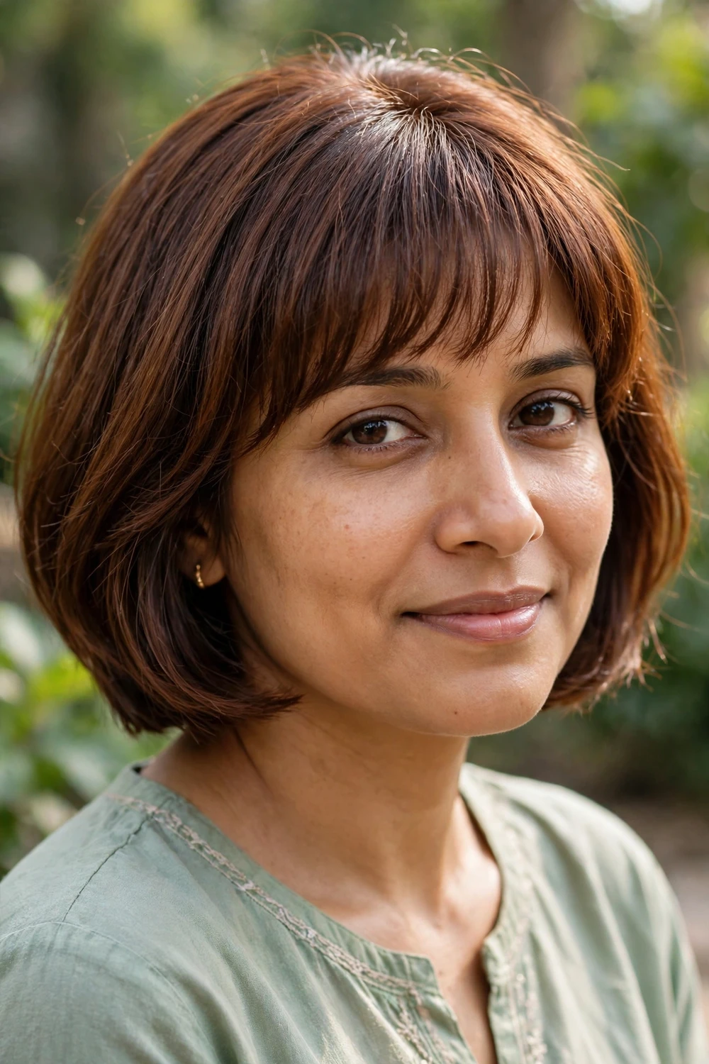 Woman with a short bob and Birkin bangs, soft eyelash-grazing fringe