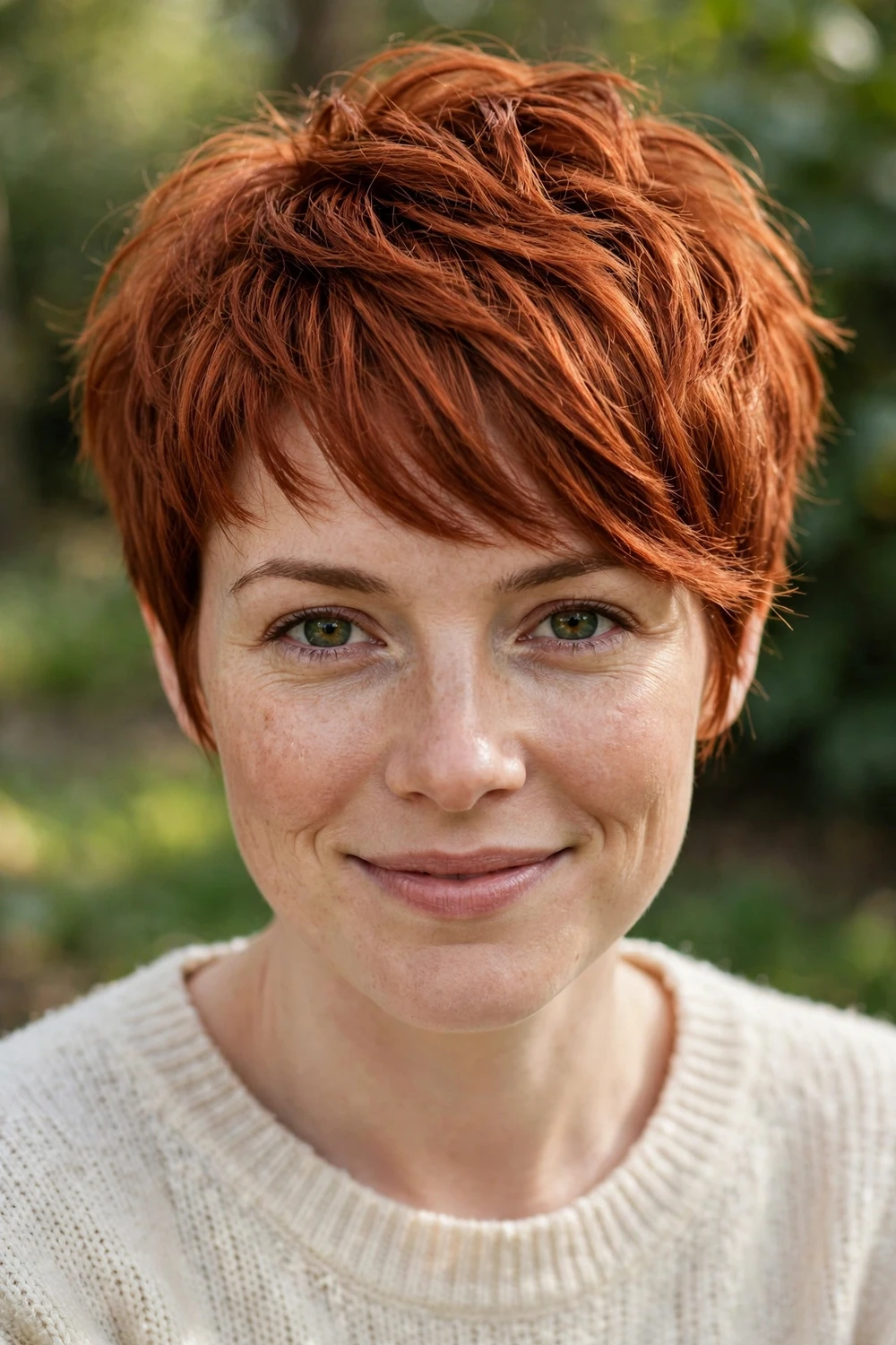 Woman with a bixie cut and side bangs, textured copper crop with fringe