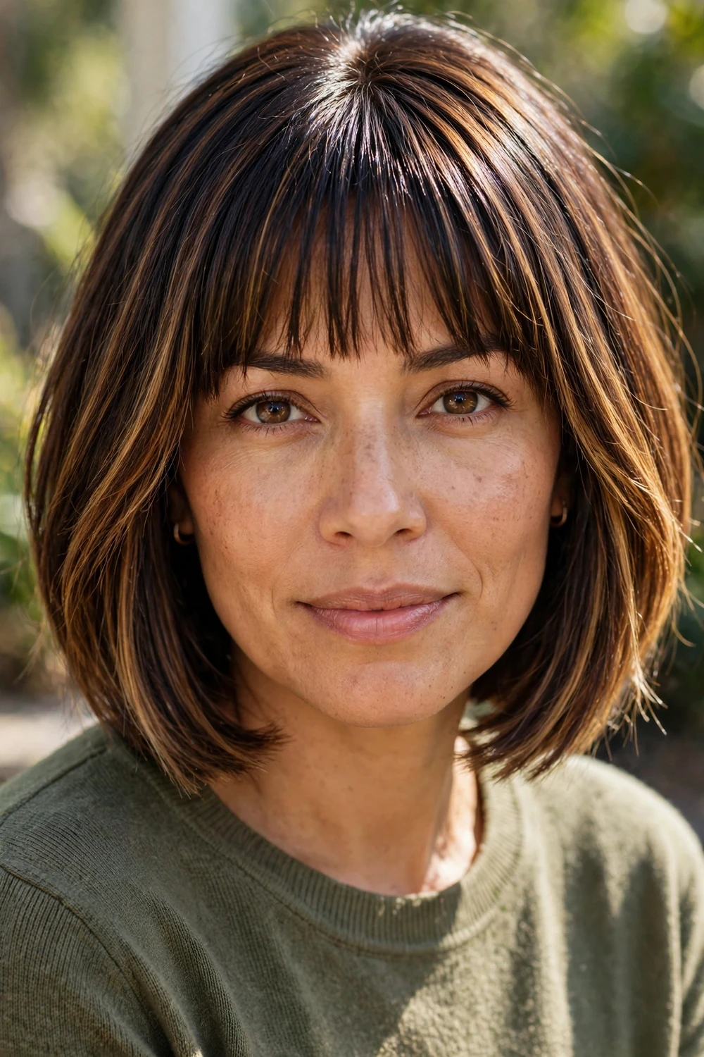 Woman with a blunt bob and eye-skimming bangs, caramel balayage