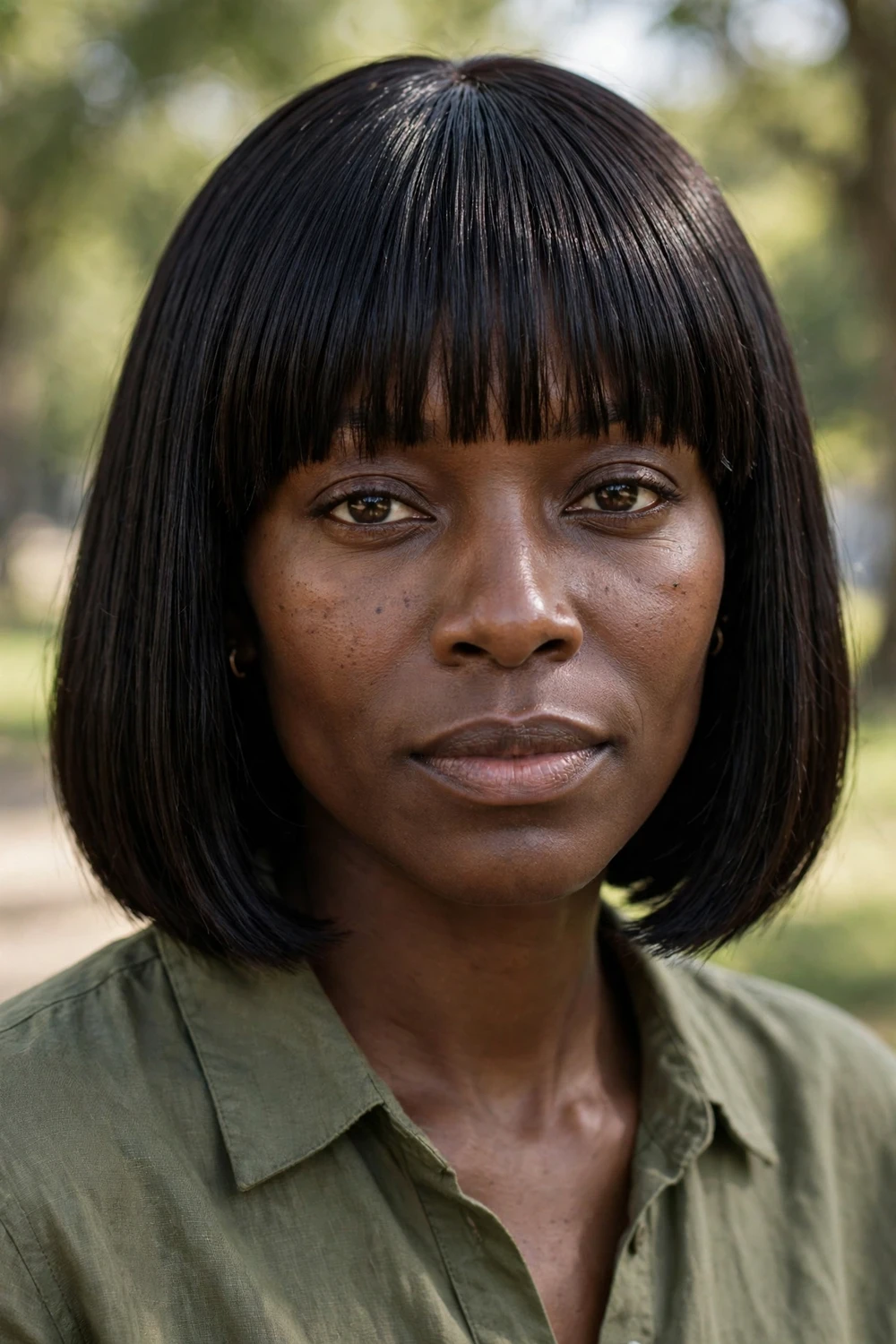 Woman with a blunt chin bob and brow-skimming bangs, sharp precise cut