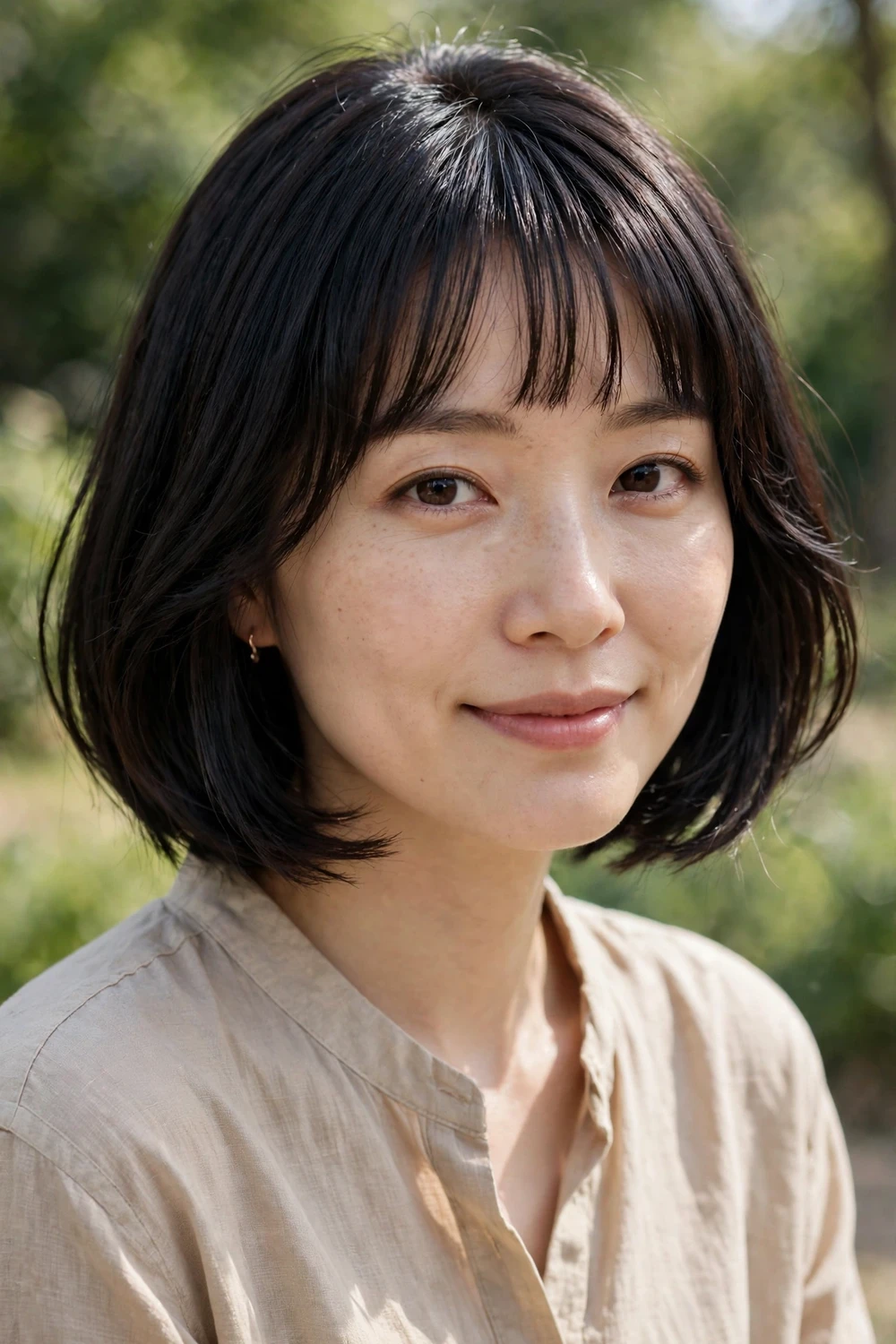 Woman with a short bob and bottleneck bangs, narrow at top widening at cheeks