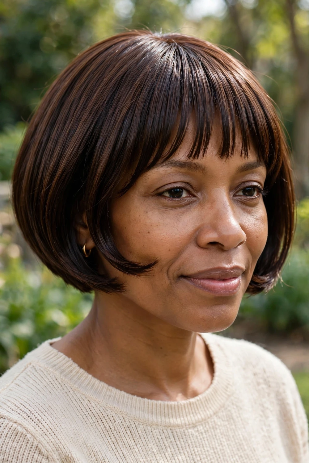 Woman with a chocolate micro bob, curved face-framing pieces and short bangs