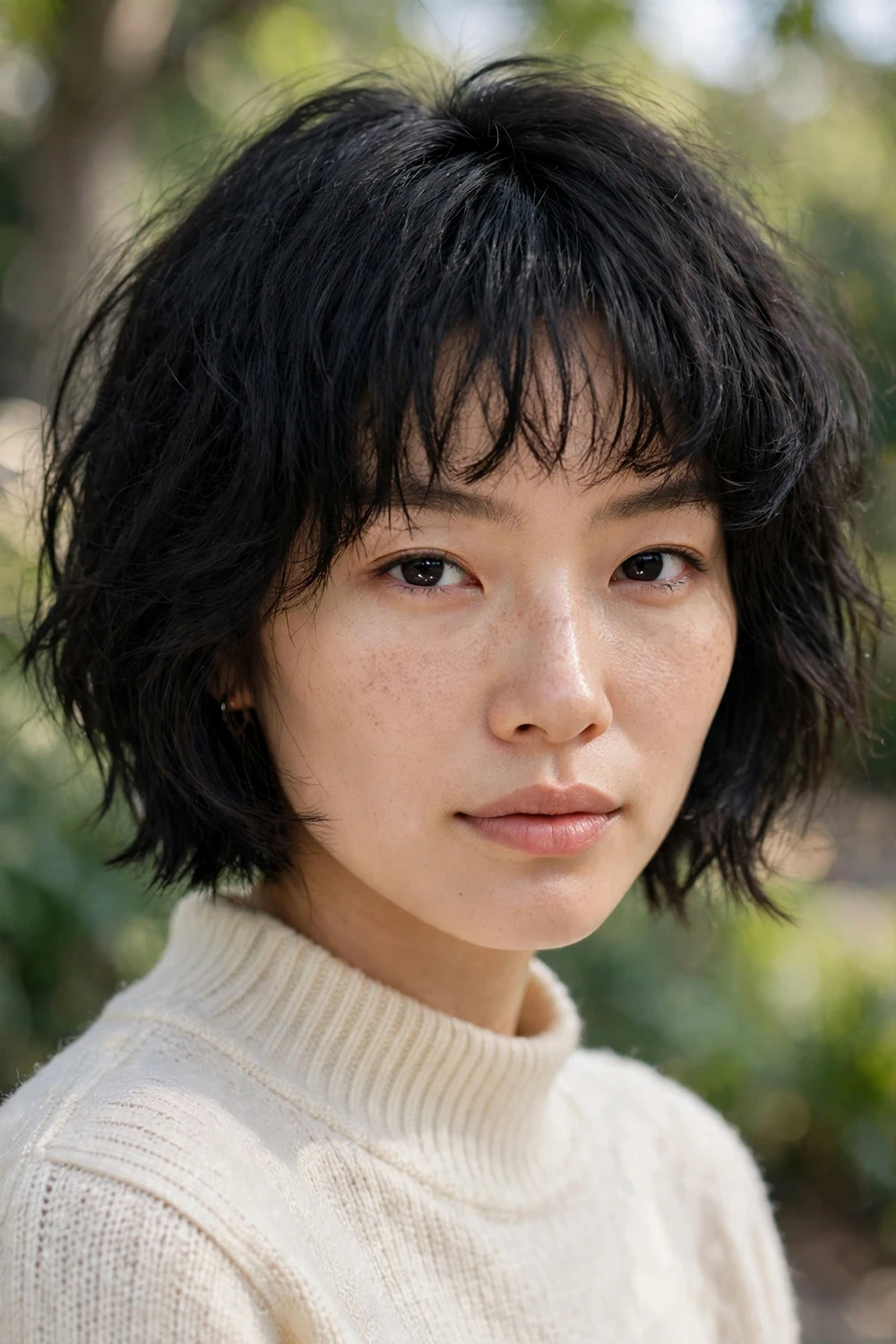 Woman with a choppy bob and piecey fringe, jet black textured cut