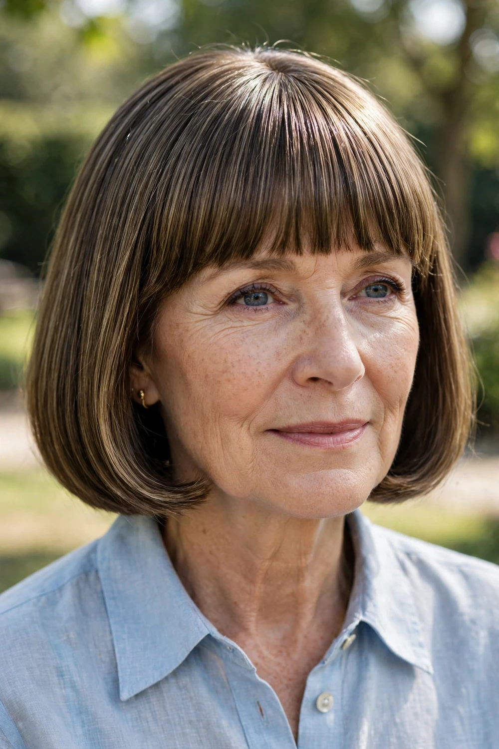 Woman with a classic bob and straight bangs, timeless polished look