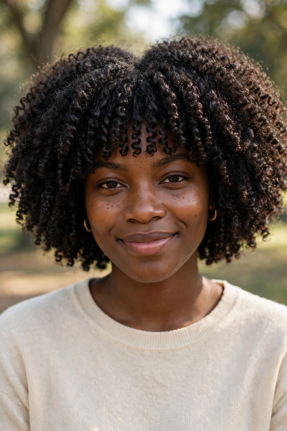 Woman with a coily bob and full fringe, voluminous natural texture