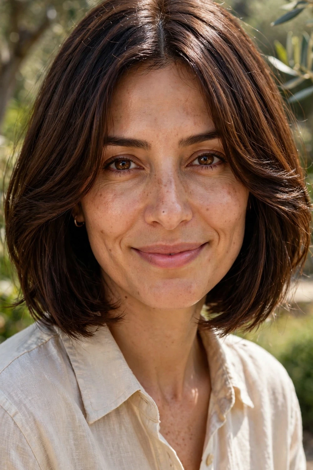 Woman with a curtain-fringed bob, cheekbone-grazing parted bangs