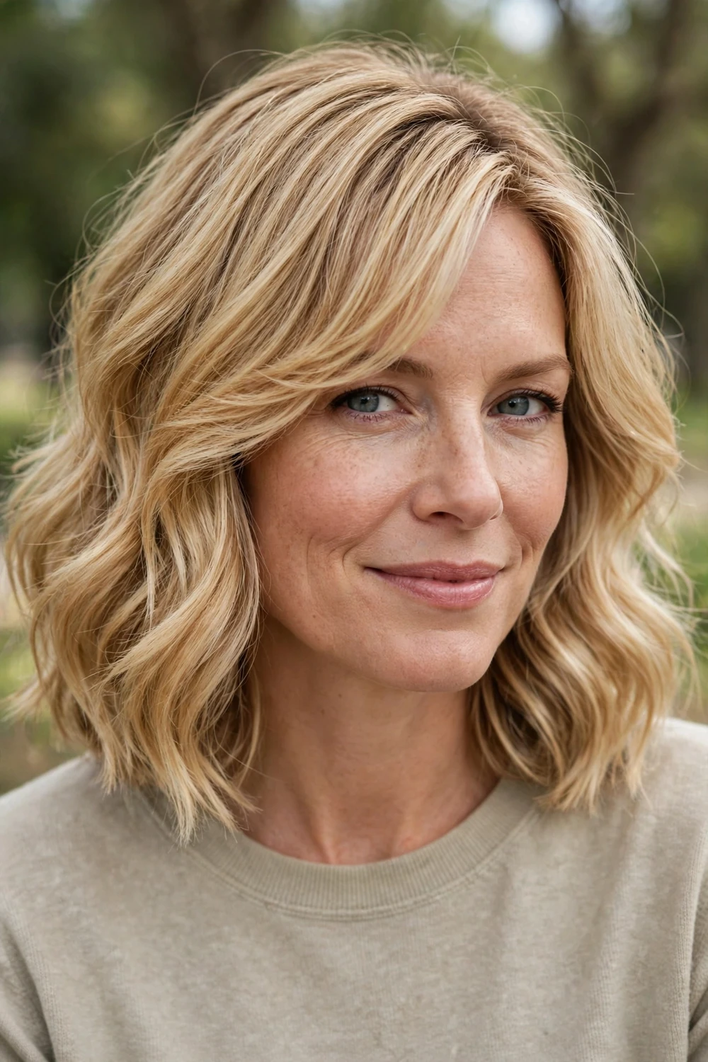 Woman with a deep side-parted bob and swept bangs, beach waves and volume