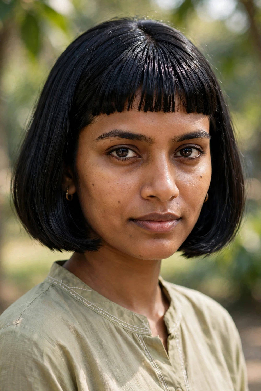Woman with an ear-length bob and micro bangs, bold cropped fringe