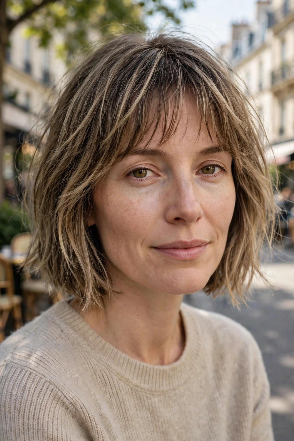Woman with a French bob and wispy bangs, airy Parisian texture