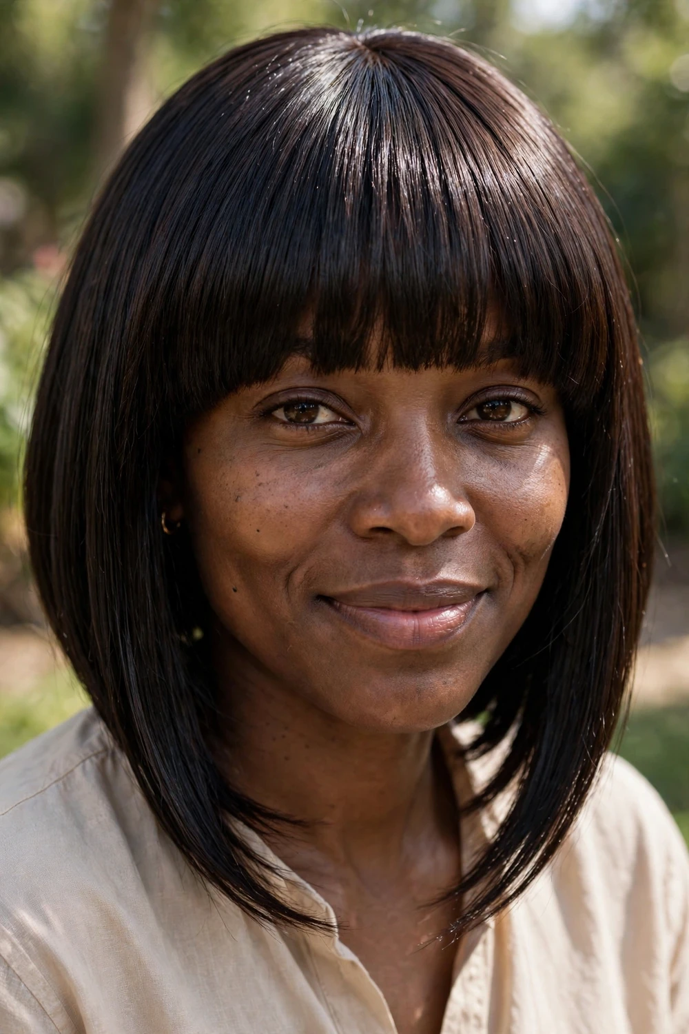 Woman with an inverted bob and full glossy bangs, sleek angled cut