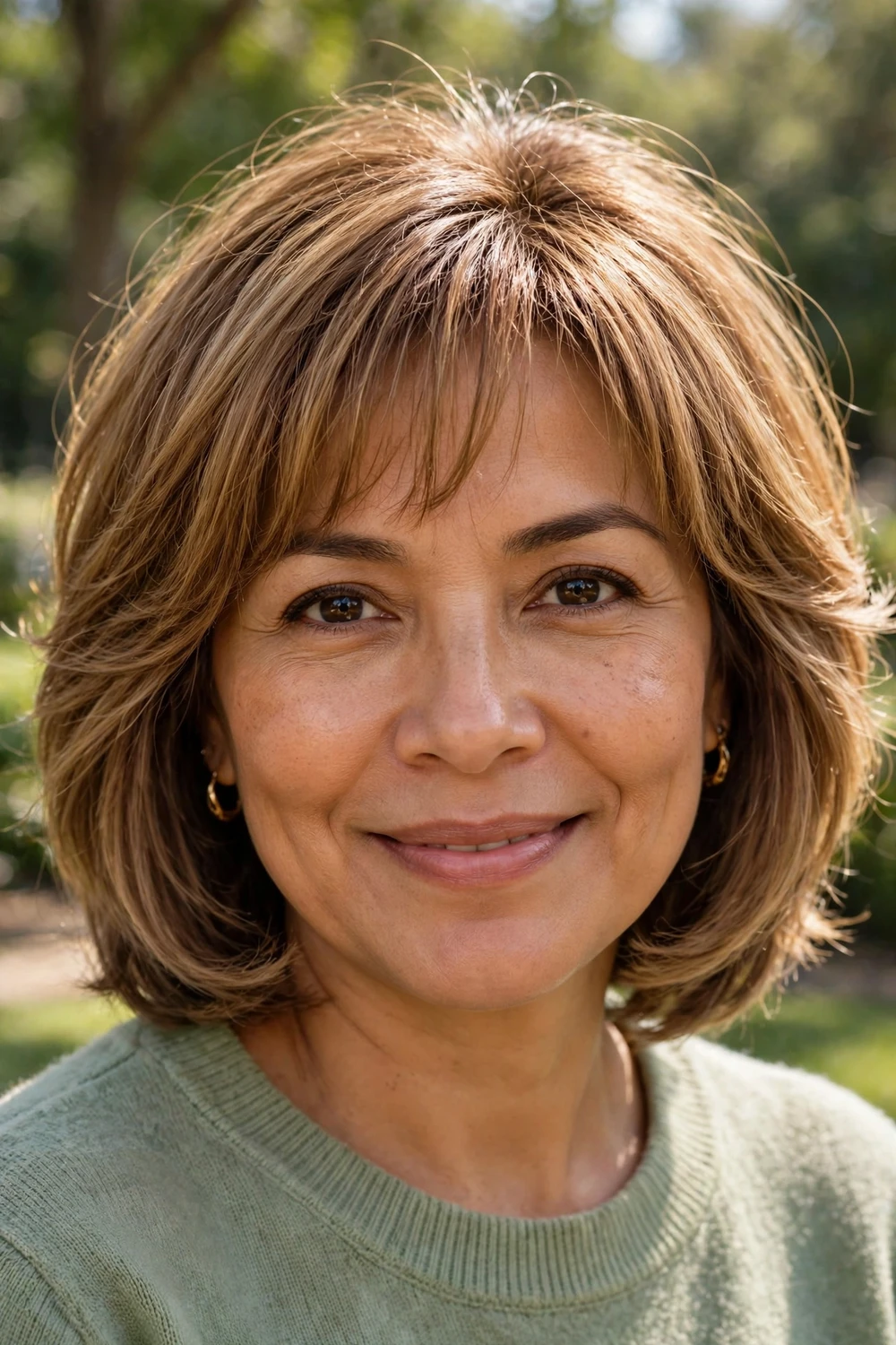 Woman with a layered bob and bangs, soft volume ideal for fine hair