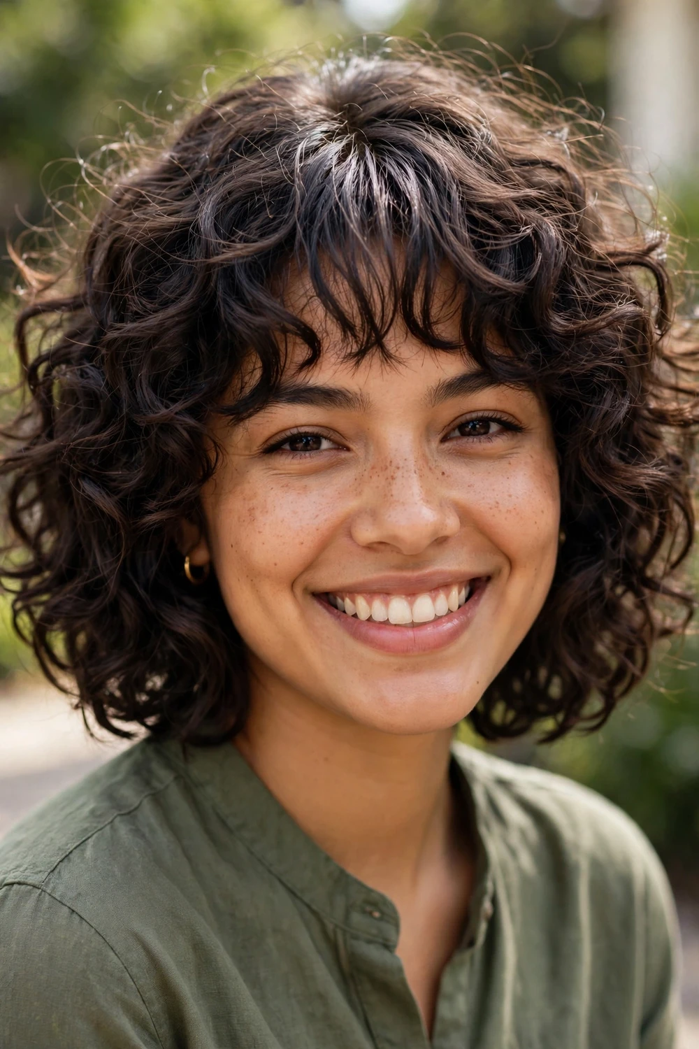 Woman with layered curly bob and fringed curls, bangs from wispy to blunt