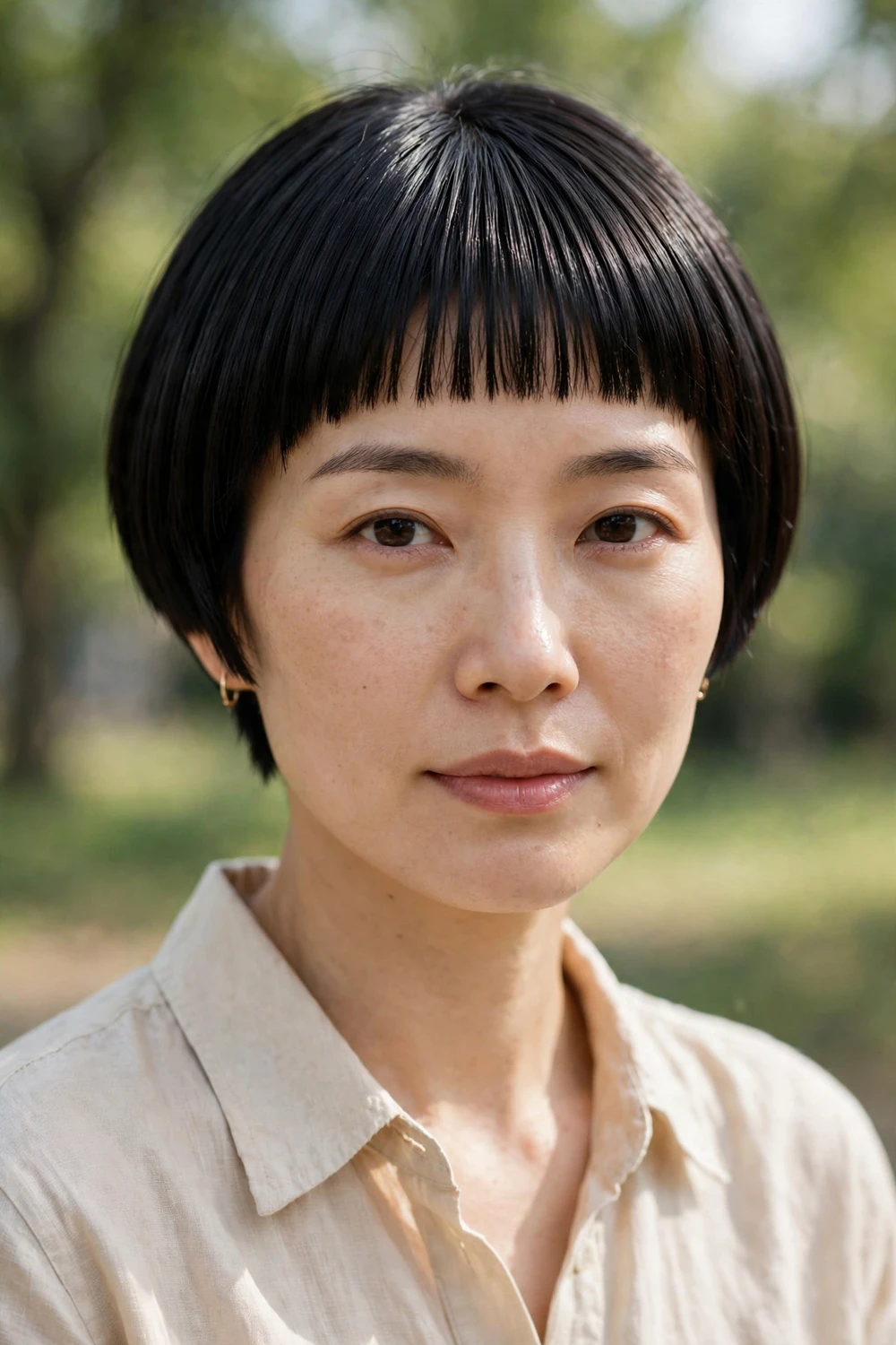 Woman with a micro French bob and baby bangs, compact chic cut
