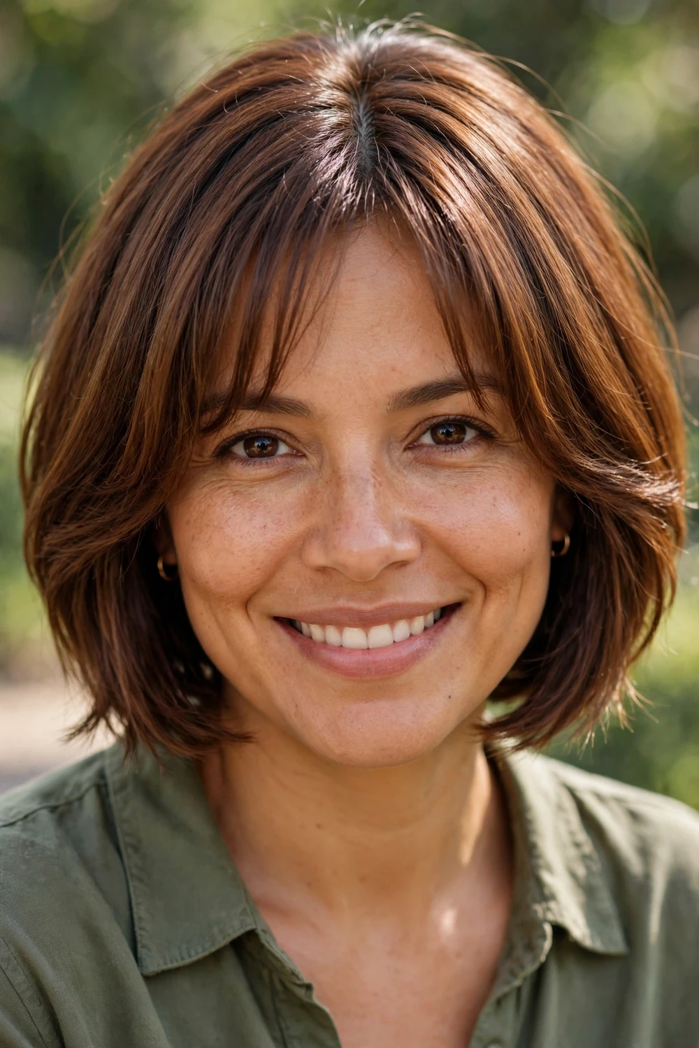 Woman with a short bob and middle-part curtain hybrid bangs, versatile fringe