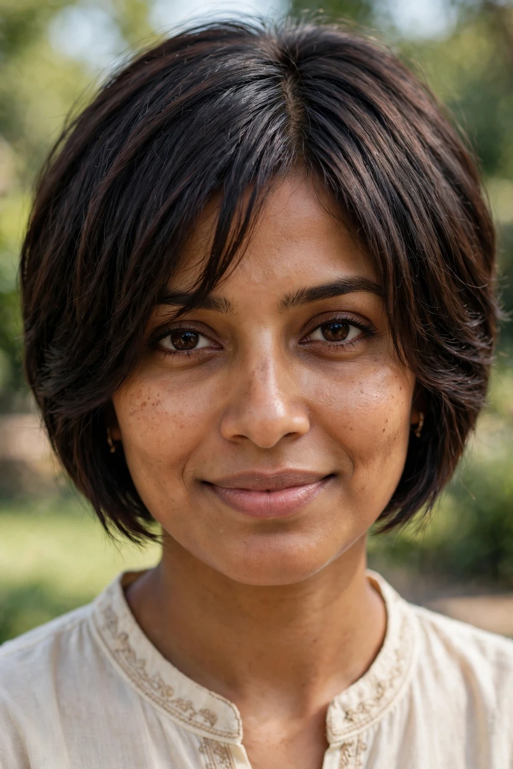 Woman with a pixie bob and long curtain bangs framing the face