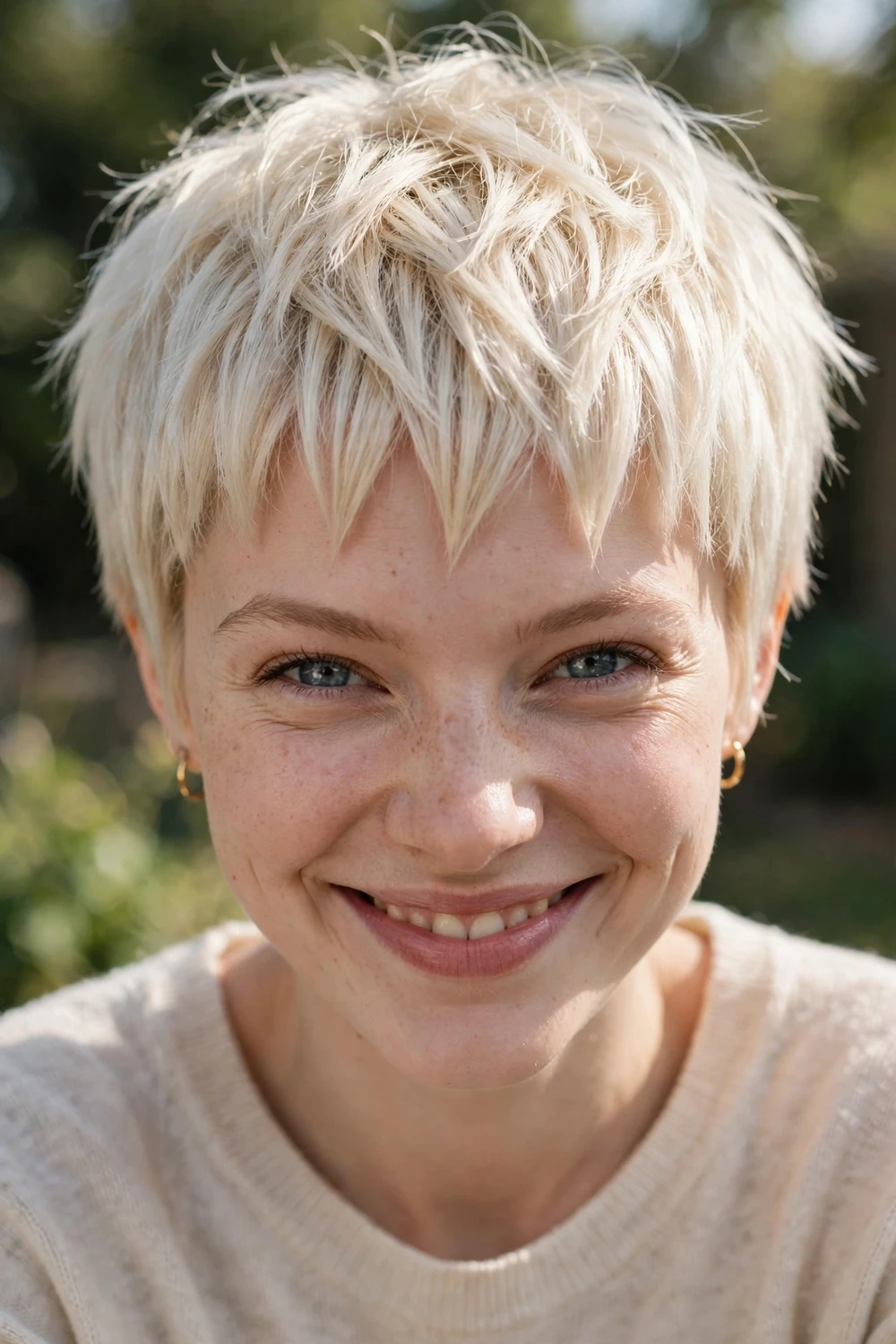 Woman with a pixie crop and jagged baby bangs, feathered blonde texture