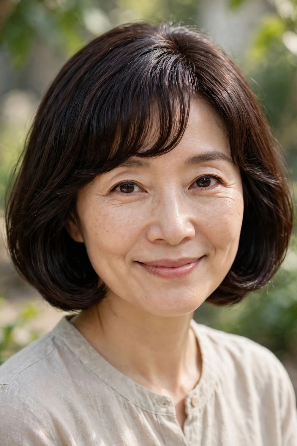 Woman with a rounded bob and curved bangs, soft romantic shape