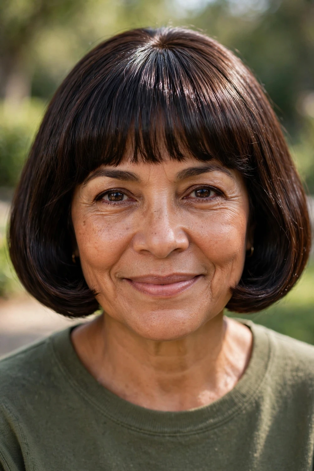 Woman with a rounded French bob and straight bangs, jaw-level classic shape