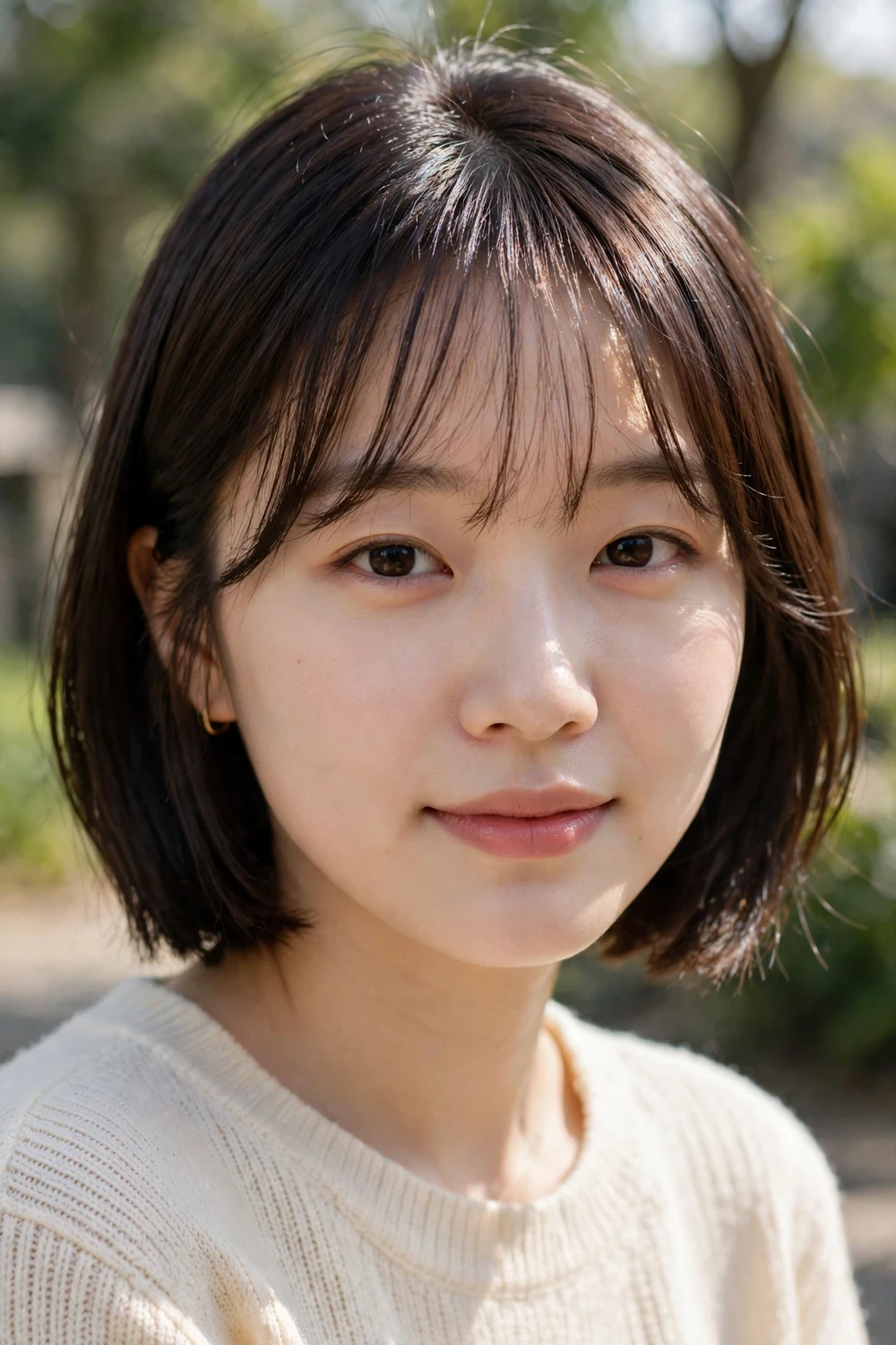 Woman with a short bob and see-through bangs, sheer wispy Korean-style fringe