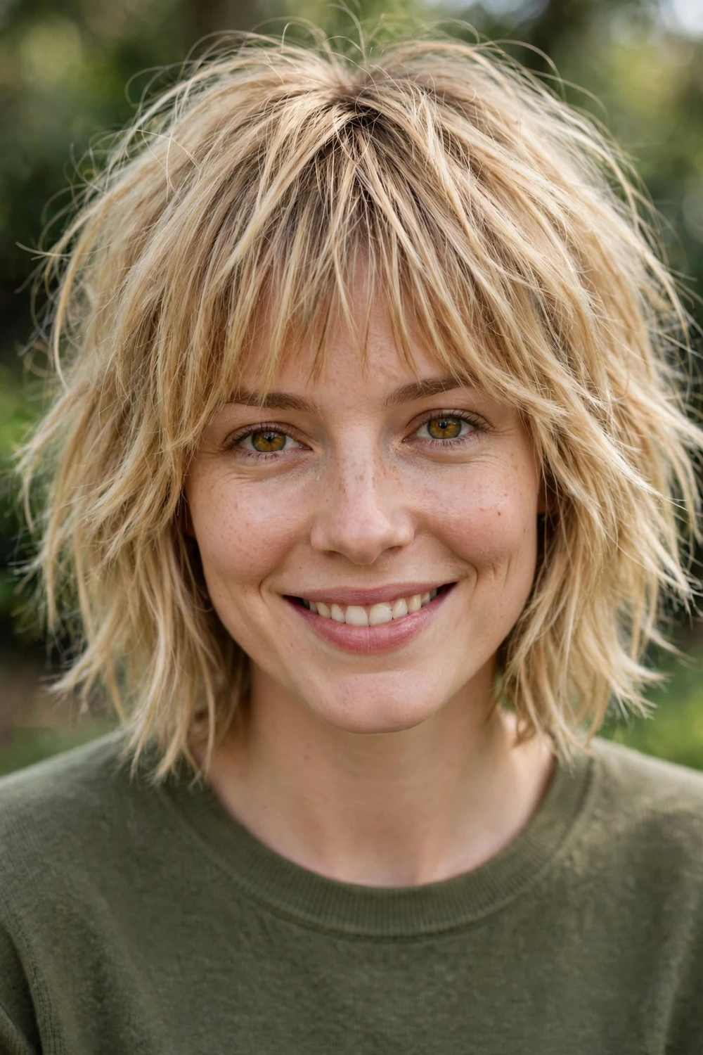 Woman with a shaggy blonde bob and bangs, tousled layered texture
