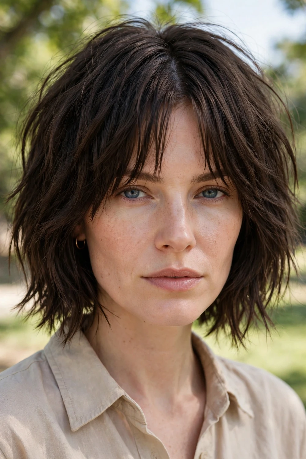 Woman with a shaggy bob and razored curtain bangs, edgy textured fringe