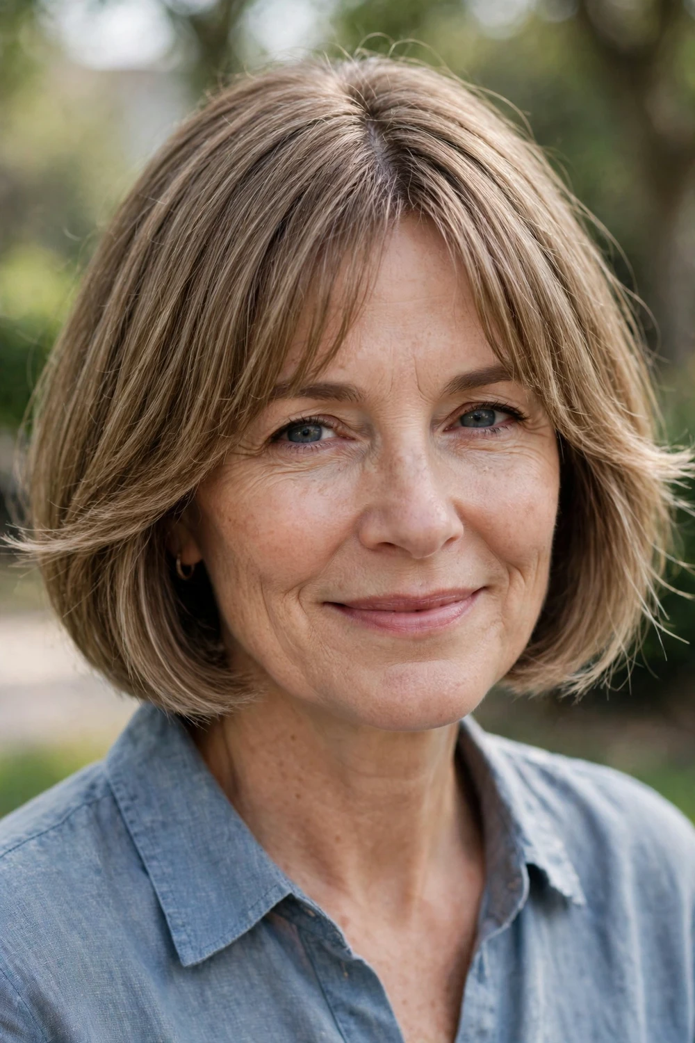 Woman with a short bob and curtain bangs, middle part with flicked ends