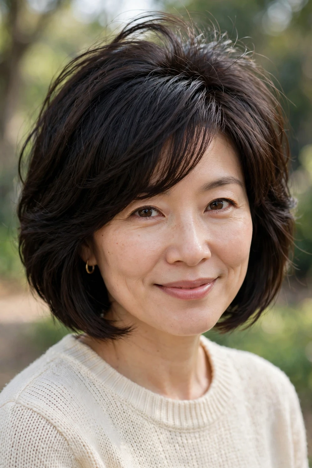 Woman with a jaw-length bob and side-swept bangs, voluminous crown