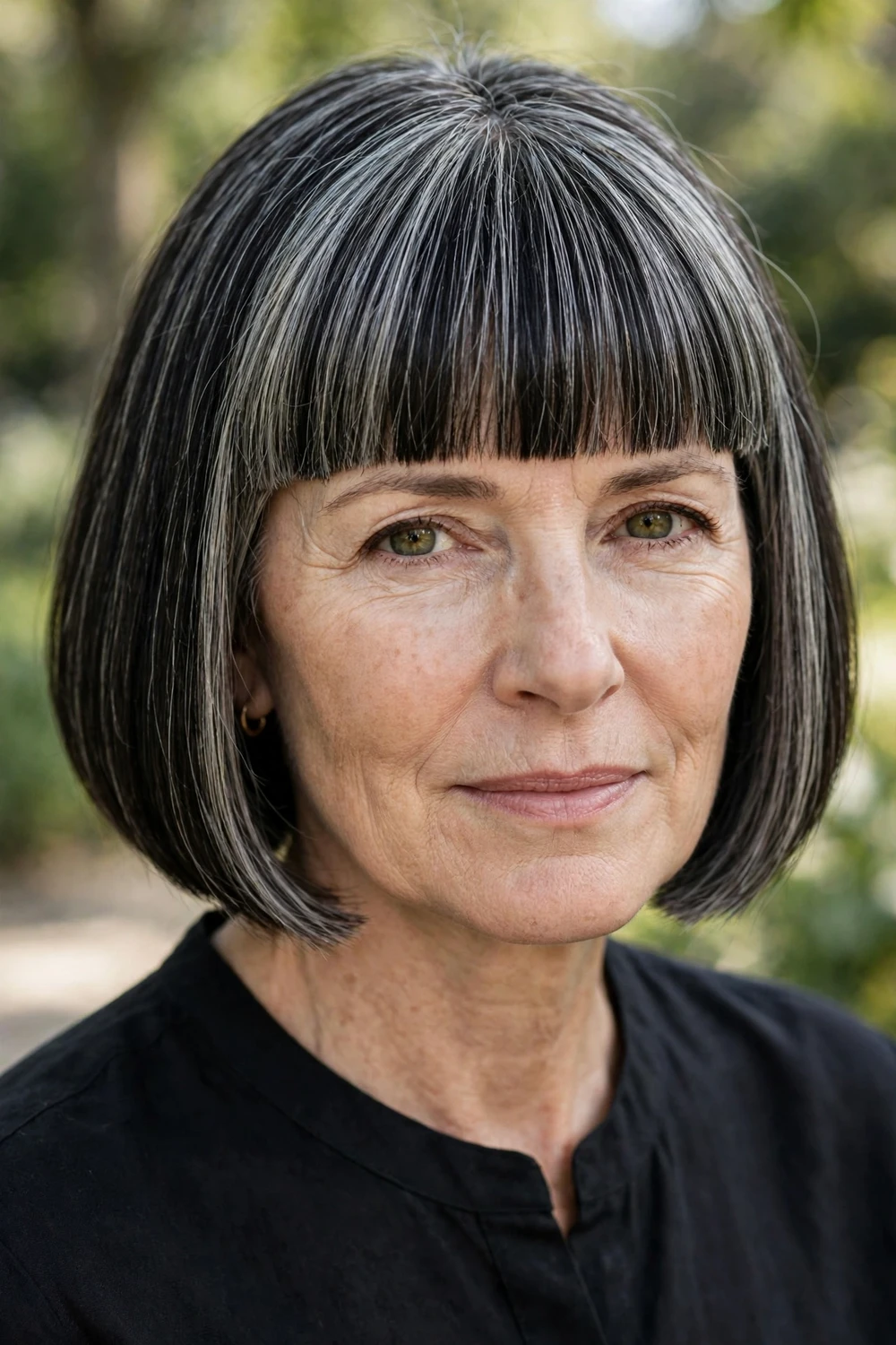 Woman with a sleek graduated bob and blunt bangs, powerful geometric cut
