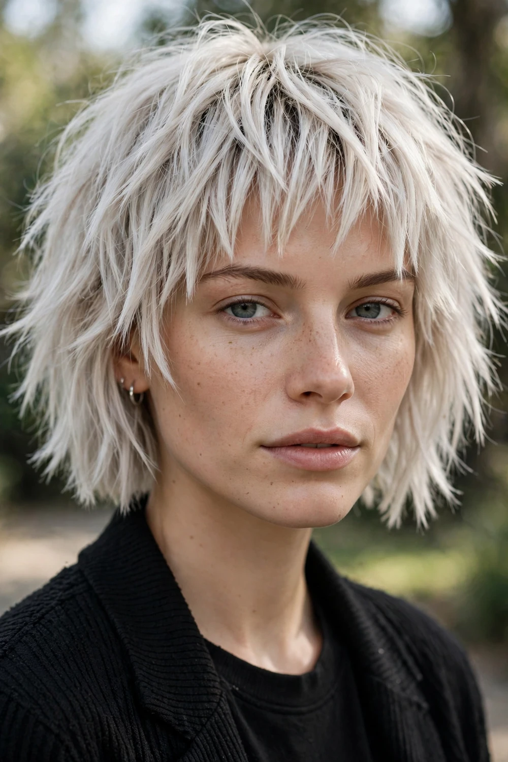 Woman with a textured bob and choppy bangs, platinum color and piecey fringe