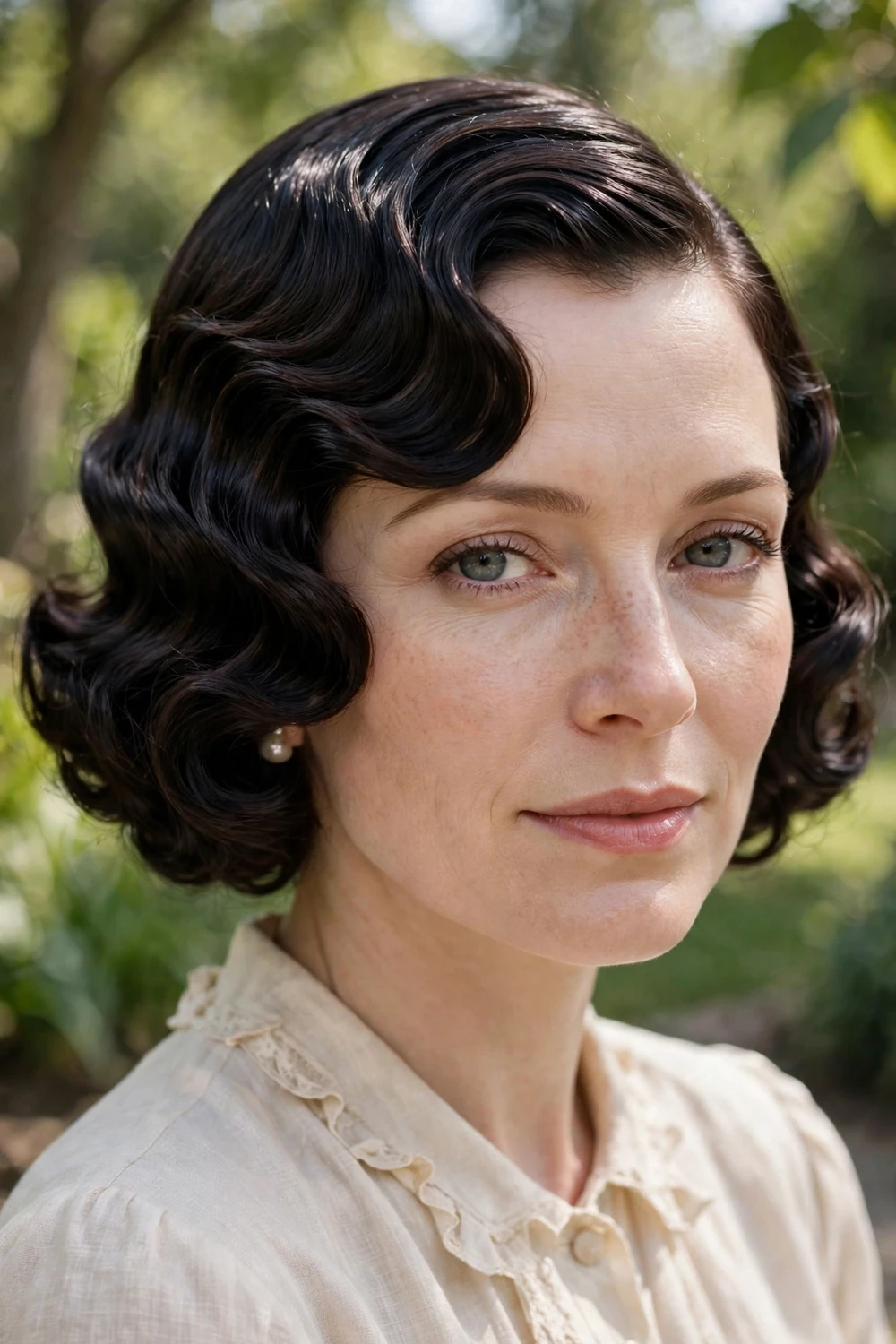 Woman with a vintage wave bob and side-swept fringe, retro glamour