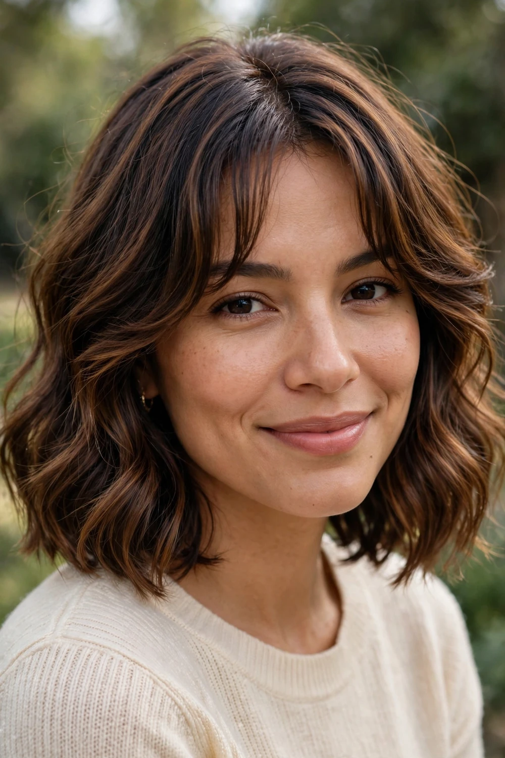 Woman with a wavy bob and curtain fringe, relaxed romantic waves