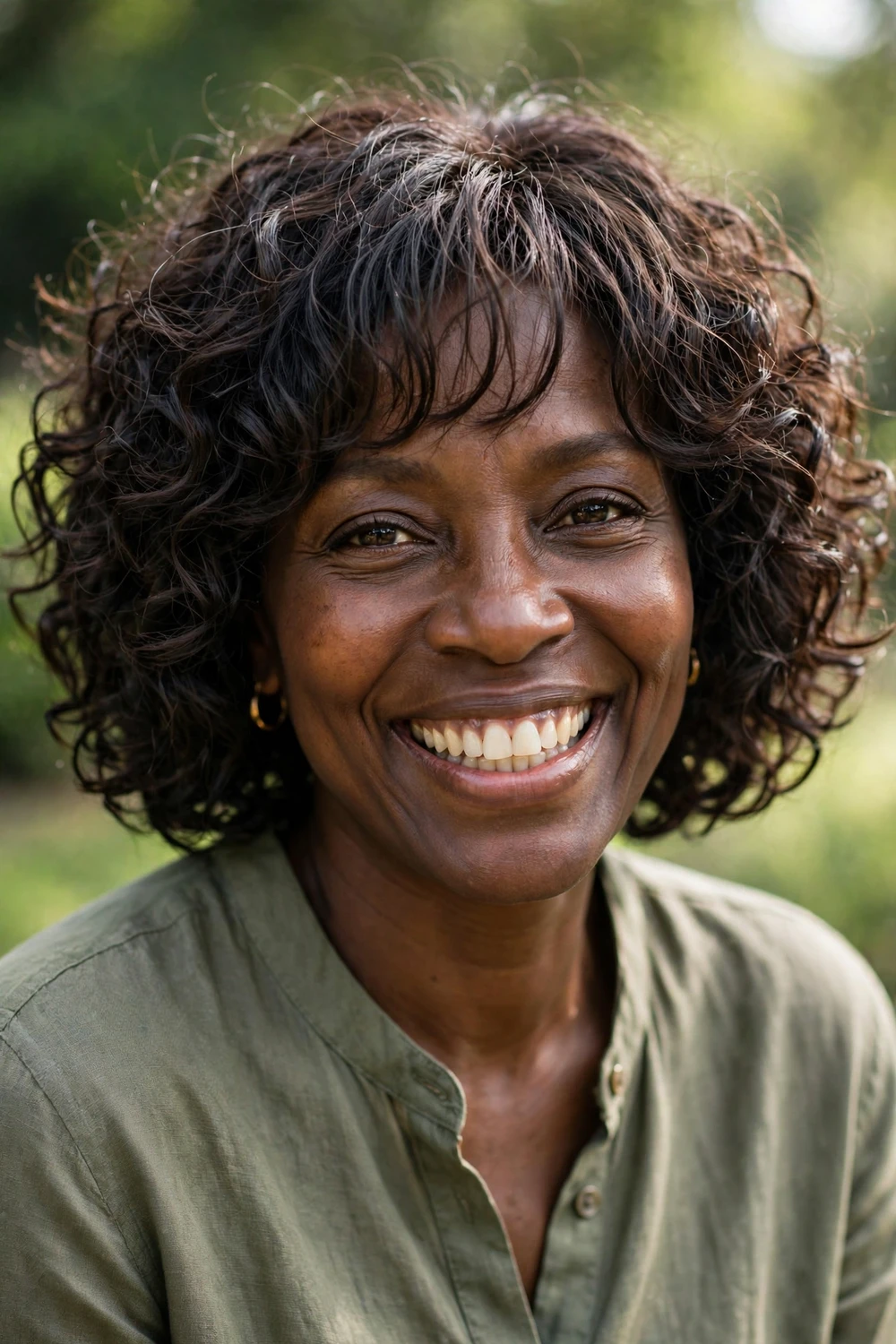Woman with a curly bob and wispy bangs, bouncy face-framing curls