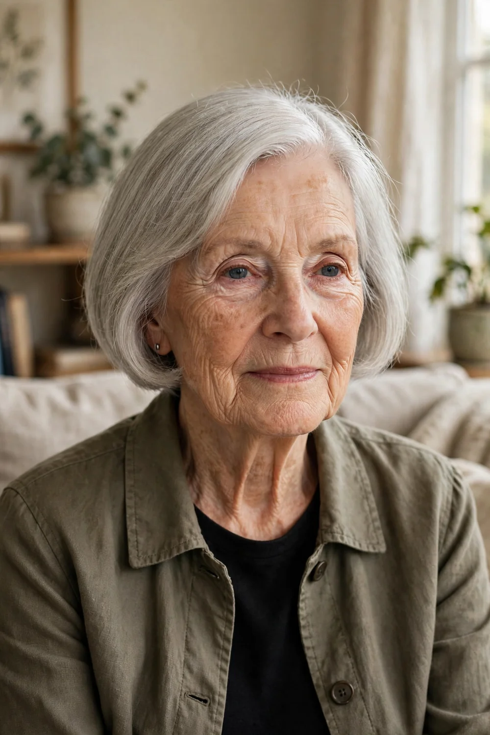 Woman with a classic short bob and deep side part on thin hair
