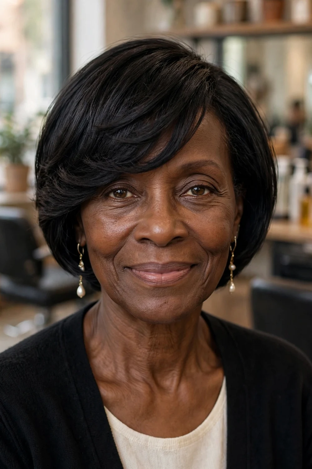 Older Black woman with a short bob with side-swept bangs