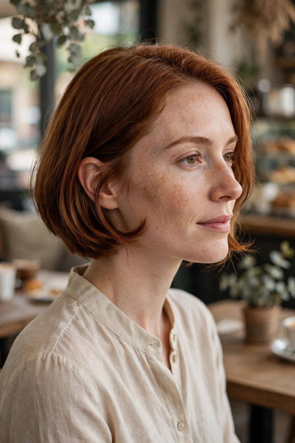Woman with a short bob with tucked under ends on thin hair