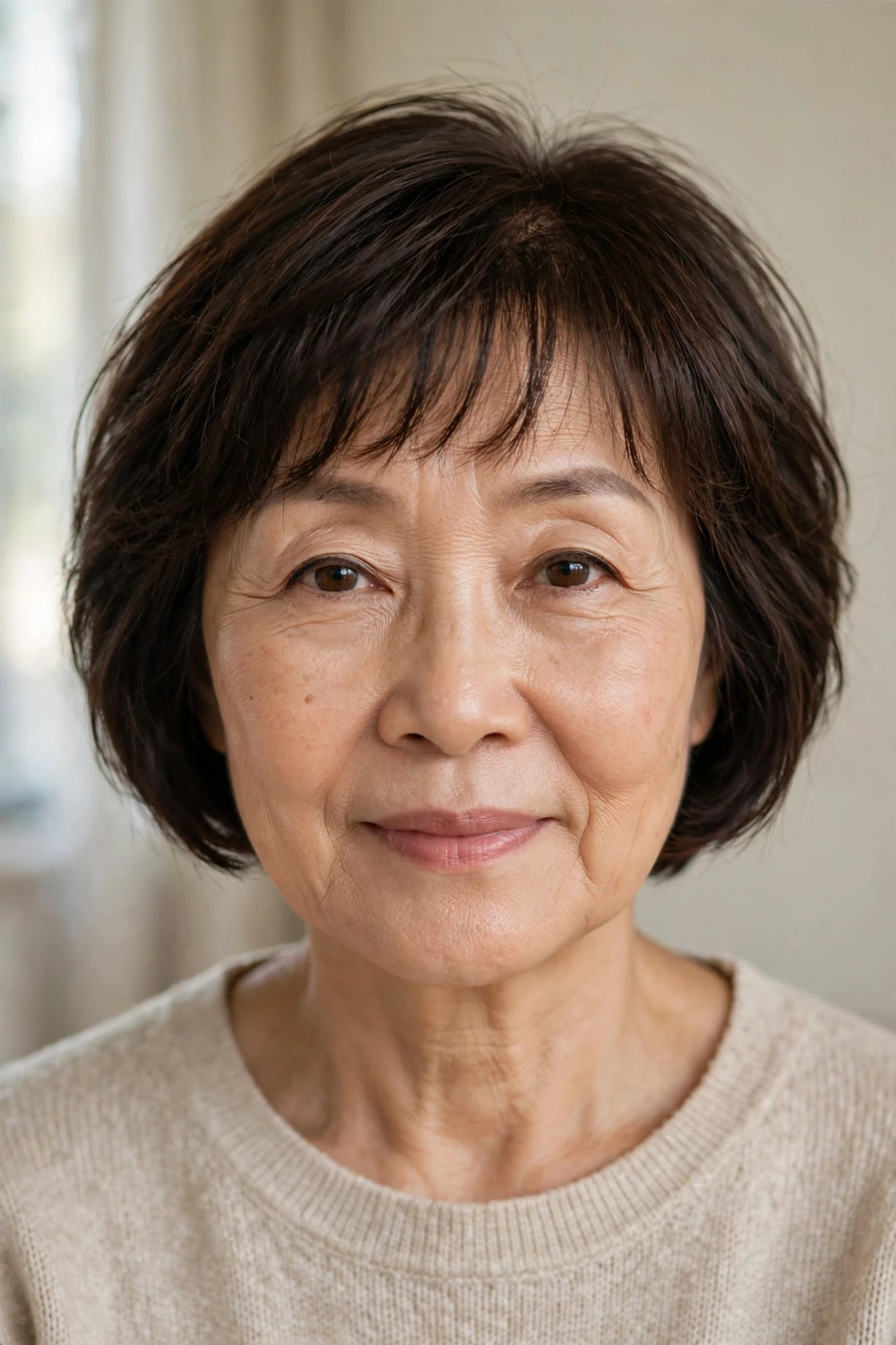 Short bob with wispy fringe on a woman over 60 with fine dark hair