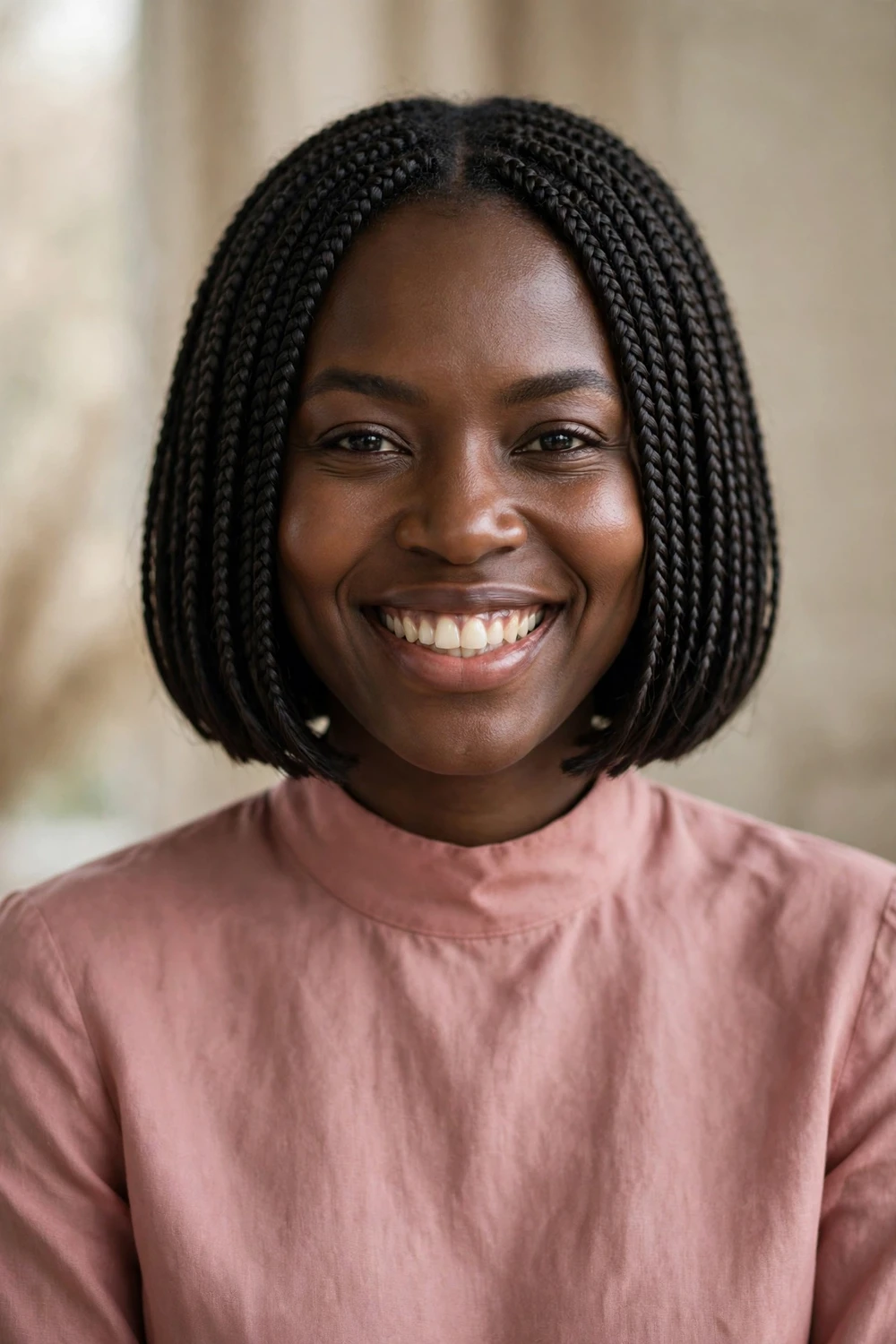 Black woman with a blunt braided bob with even chin-length ends