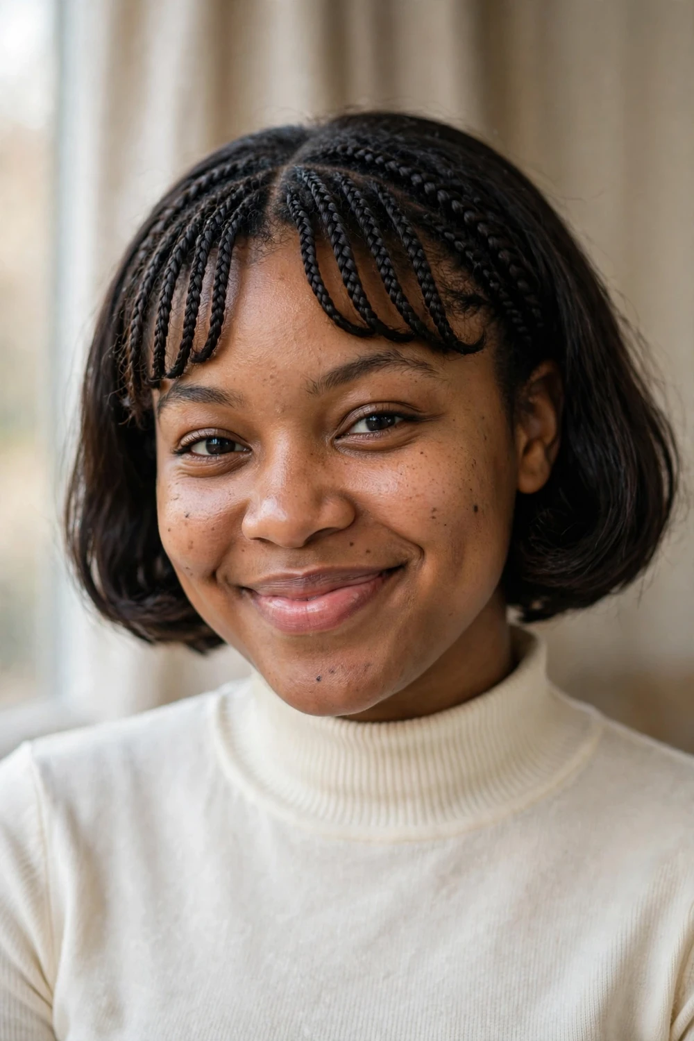 Black woman with a braided bob with braided bangs across the forehead