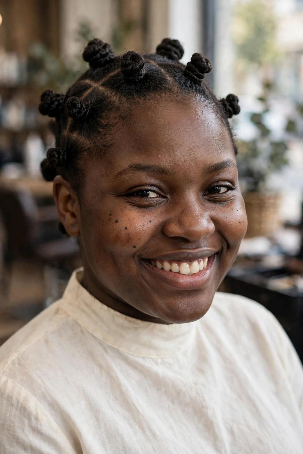 Black woman with braided bantu knots in neat sections
